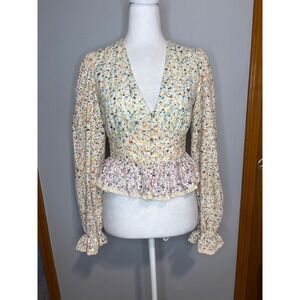 English Factory Floral Eyelet Cotton Peplum Top V-Neck Long Sleeve XS